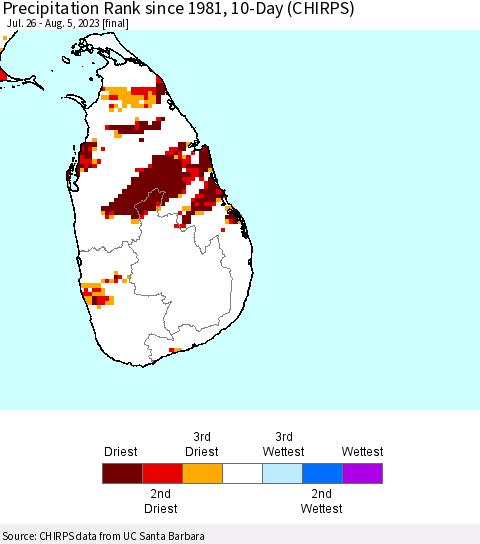 Sri Lanka Precipitation Rank since 1981, 10-Day (CHIRPS) Thematic Map For 7/26/2023 - 8/5/2023