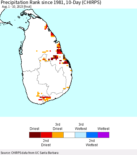 Sri Lanka Precipitation Rank since 1981, 10-Day (CHIRPS) Thematic Map For 8/1/2023 - 8/10/2023