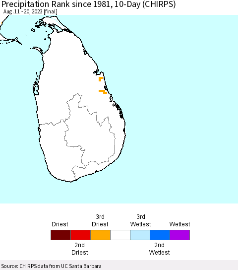 Sri Lanka Precipitation Rank since 1981, 10-Day (CHIRPS) Thematic Map For 8/11/2023 - 8/20/2023