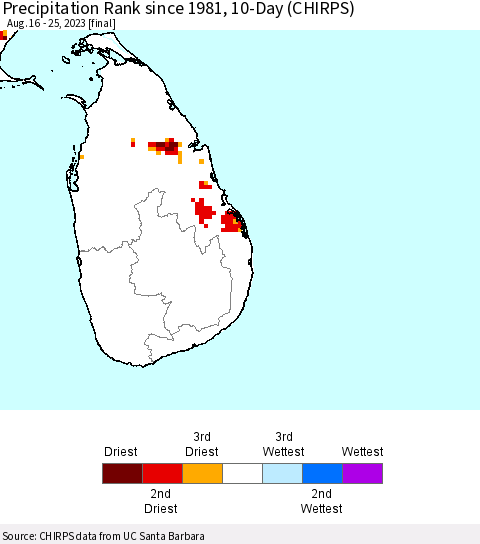 Sri Lanka Precipitation Rank since 1981, 10-Day (CHIRPS) Thematic Map For 8/16/2023 - 8/25/2023