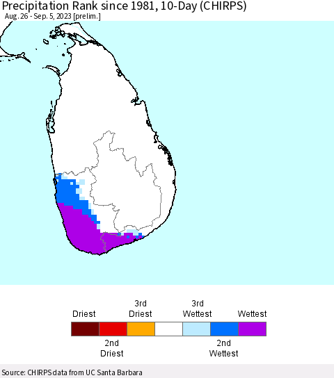 Sri Lanka Precipitation Rank since 1981, 10-Day (CHIRPS) Thematic Map For 8/26/2023 - 9/5/2023