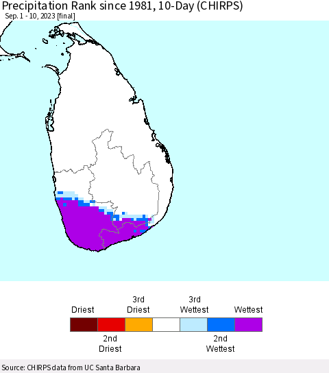 Sri Lanka Precipitation Rank since 1981, 10-Day (CHIRPS) Thematic Map For 9/1/2023 - 9/10/2023
