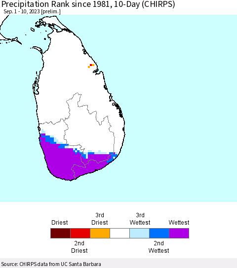 Sri Lanka Precipitation Rank since 1981, 10-Day (CHIRPS) Thematic Map For 9/1/2023 - 9/10/2023
