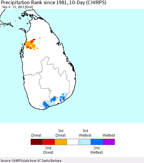 Sri Lanka Precipitation Rank since 1981, 10-Day (CHIRPS) Thematic Map For 9/6/2023 - 9/15/2023