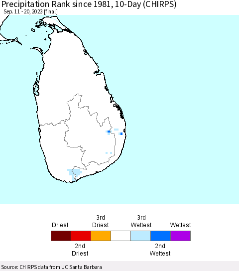 Sri Lanka Precipitation Rank since 1981, 10-Day (CHIRPS) Thematic Map For 9/11/2023 - 9/20/2023