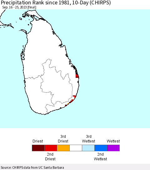 Sri Lanka Precipitation Rank since 1981, 10-Day (CHIRPS) Thematic Map For 9/16/2023 - 9/25/2023