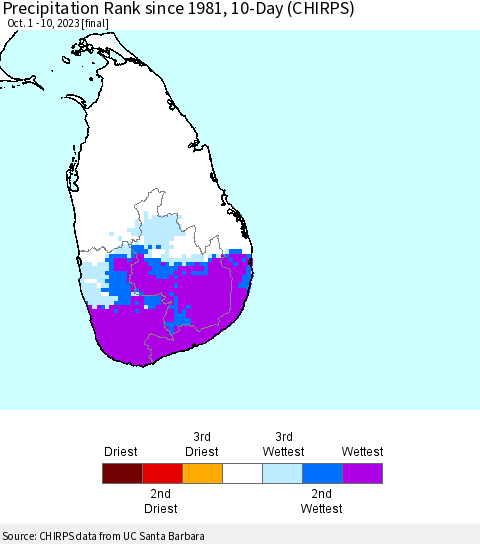 Sri Lanka Precipitation Rank since 1981, 10-Day (CHIRPS) Thematic Map For 10/1/2023 - 10/10/2023