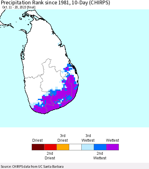 Sri Lanka Precipitation Rank since 1981, 10-Day (CHIRPS) Thematic Map For 10/11/2023 - 10/20/2023