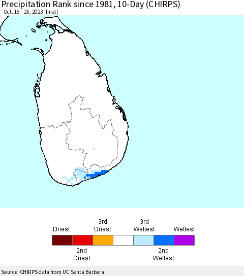 Sri Lanka Precipitation Rank since 1981, 10-Day (CHIRPS) Thematic Map For 10/16/2023 - 10/25/2023