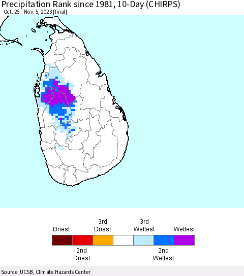 Sri Lanka Precipitation Rank since 1981, 10-Day (CHIRPS) Thematic Map For 10/26/2023 - 11/5/2023