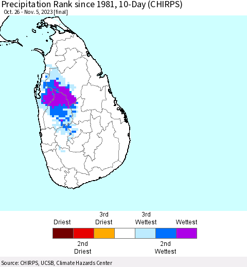 Sri Lanka Precipitation Rank since 1981, 10-Day (CHIRPS) Thematic Map For 10/26/2023 - 11/5/2023