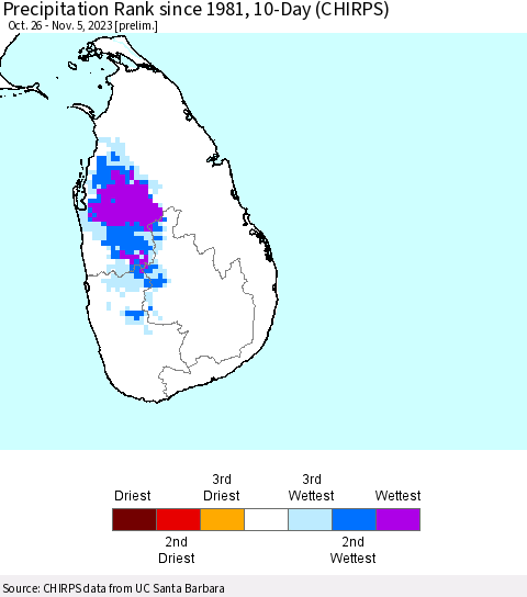 Sri Lanka Precipitation Rank since 1981, 10-Day (CHIRPS) Thematic Map For 10/26/2023 - 11/5/2023