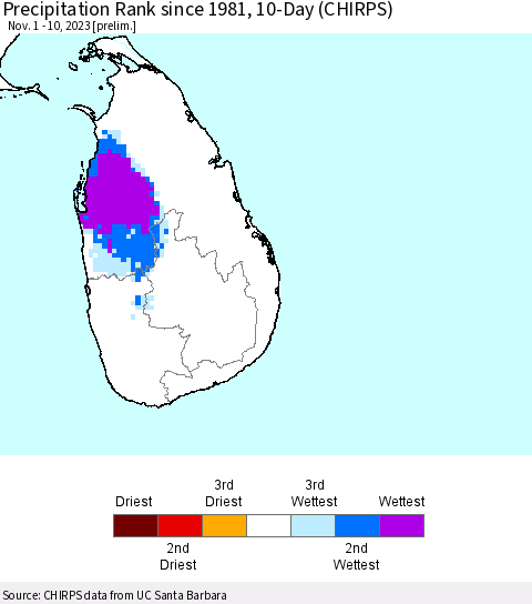 Sri Lanka Precipitation Rank since 1981, 10-Day (CHIRPS) Thematic Map For 11/1/2023 - 11/10/2023