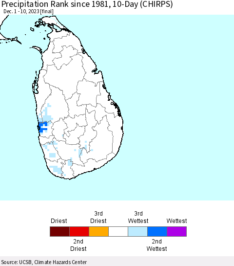 Sri Lanka Precipitation Rank since 1981, 10-Day (CHIRPS) Thematic Map For 12/1/2023 - 12/10/2023