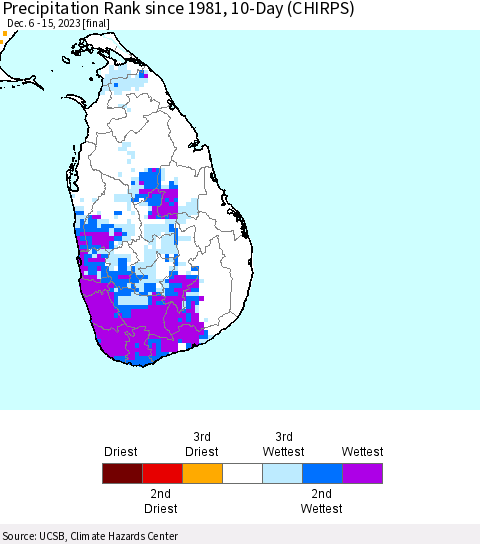 Sri Lanka Precipitation Rank since 1981, 10-Day (CHIRPS) Thematic Map For 12/6/2023 - 12/15/2023
