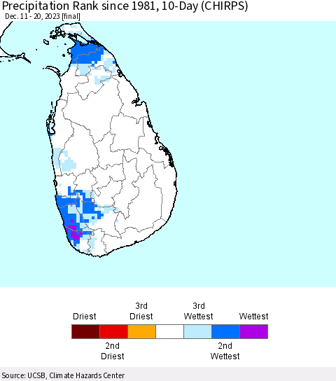 Sri Lanka Precipitation Rank since 1981, 10-Day (CHIRPS) Thematic Map For 12/11/2023 - 12/20/2023