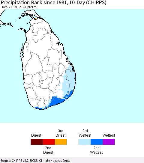 Sri Lanka Precipitation Rank since 1981, 10-Day (CHIRPS) Thematic Map For 12/21/2023 - 12/31/2023