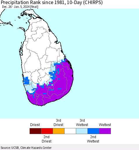 Sri Lanka Precipitation Rank since 1981, 10-Day (CHIRPS) Thematic Map For 12/26/2023 - 1/5/2024