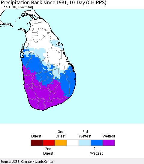 Sri Lanka Precipitation Rank since 1981, 10-Day (CHIRPS) Thematic Map For 1/1/2024 - 1/10/2024