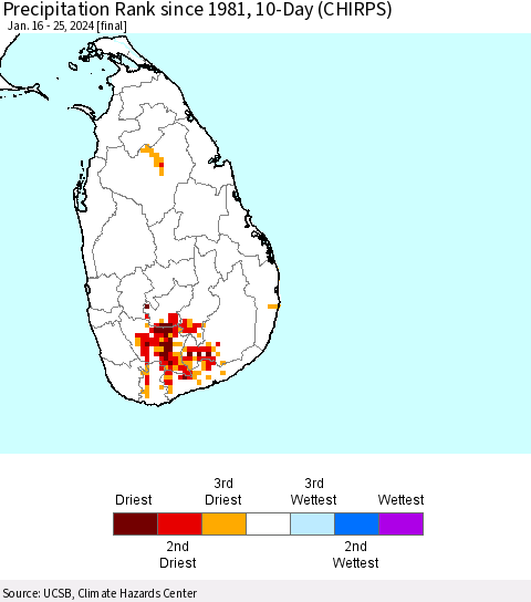 Sri Lanka Precipitation Rank since 1981, 10-Day (CHIRPS) Thematic Map For 1/16/2024 - 1/25/2024