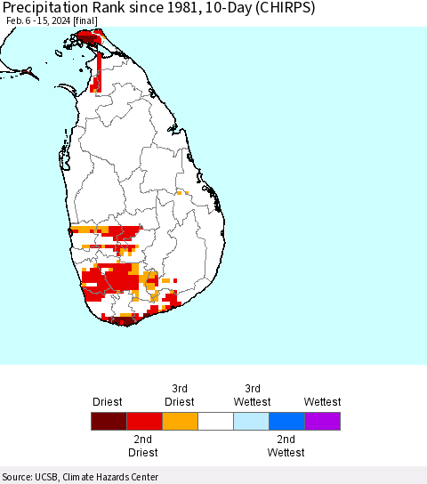 Sri Lanka Precipitation Rank since 1981, 10-Day (CHIRPS) Thematic Map For 2/6/2024 - 2/15/2024