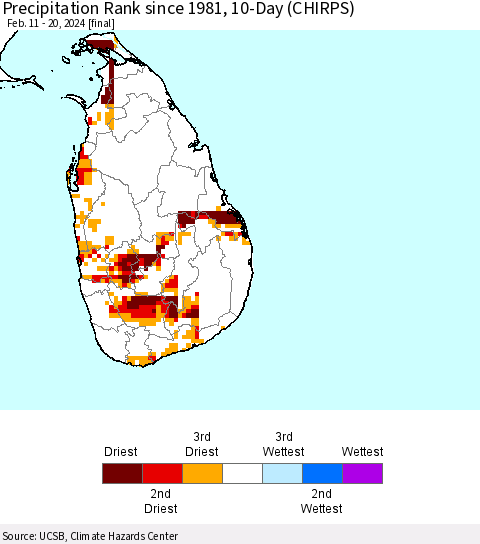 Sri Lanka Precipitation Rank since 1981, 10-Day (CHIRPS) Thematic Map For 2/11/2024 - 2/20/2024