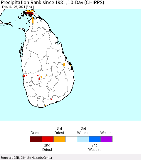 Sri Lanka Precipitation Rank since 1981, 10-Day (CHIRPS) Thematic Map For 2/16/2024 - 2/25/2024