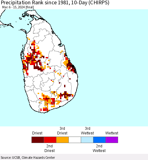 Sri Lanka Precipitation Rank since 1981, 10-Day (CHIRPS) Thematic Map For 3/6/2024 - 3/15/2024