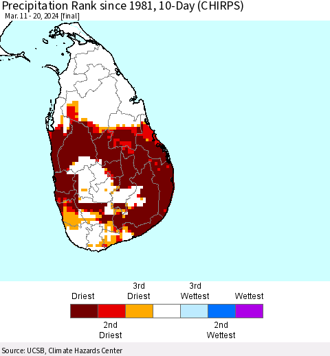 Sri Lanka Precipitation Rank since 1981, 10-Day (CHIRPS) Thematic Map For 3/11/2024 - 3/20/2024