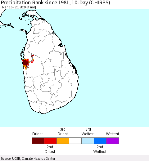Sri Lanka Precipitation Rank since 1981, 10-Day (CHIRPS) Thematic Map For 3/16/2024 - 3/25/2024