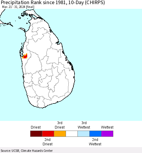 Sri Lanka Precipitation Rank since 1981, 10-Day (CHIRPS) Thematic Map For 3/21/2024 - 3/31/2024