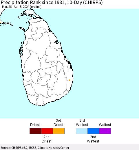 Sri Lanka Precipitation Rank since 1981, 10-Day (CHIRPS) Thematic Map For 3/26/2024 - 4/5/2024