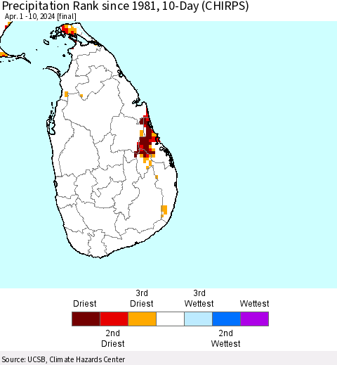 Sri Lanka Precipitation Rank since 1981, 10-Day (CHIRPS) Thematic Map For 4/1/2024 - 4/10/2024