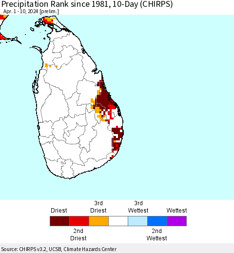 Sri Lanka Precipitation Rank since 1981, 10-Day (CHIRPS) Thematic Map For 4/1/2024 - 4/10/2024