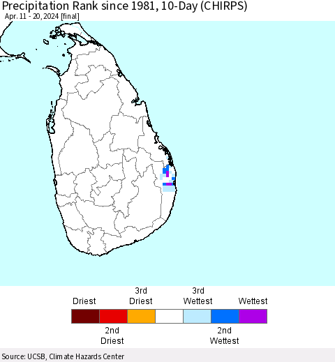 Sri Lanka Precipitation Rank since 1981, 10-Day (CHIRPS) Thematic Map For 4/11/2024 - 4/20/2024