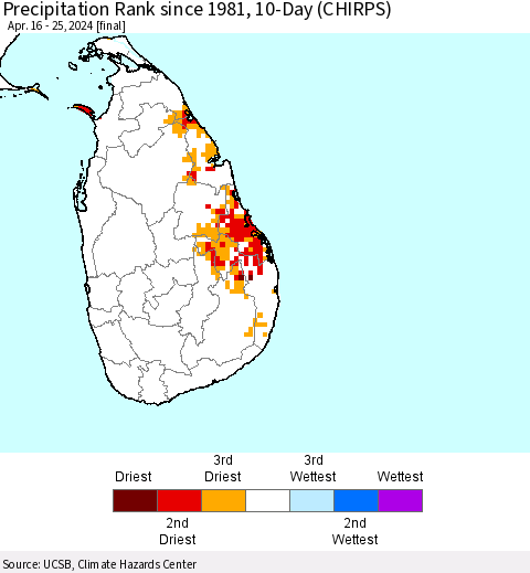 Sri Lanka Precipitation Rank since 1981, 10-Day (CHIRPS) Thematic Map For 4/16/2024 - 4/25/2024