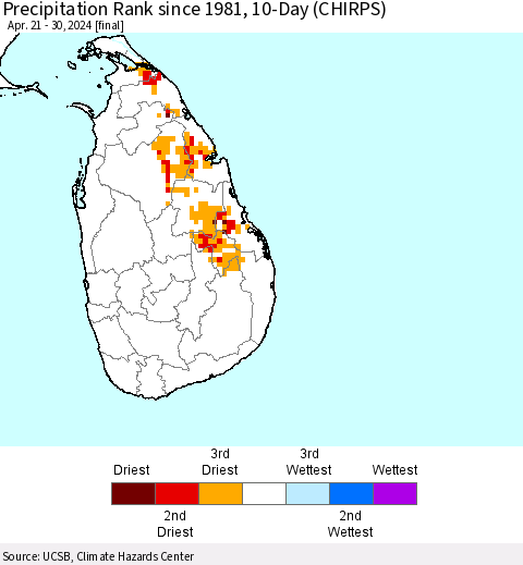 Sri Lanka Precipitation Rank since 1981, 10-Day (CHIRPS) Thematic Map For 4/21/2024 - 4/30/2024