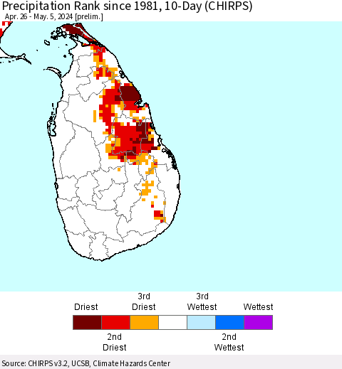 Sri Lanka Precipitation Rank since 1981, 10-Day (CHIRPS) Thematic Map For 4/26/2024 - 5/5/2024