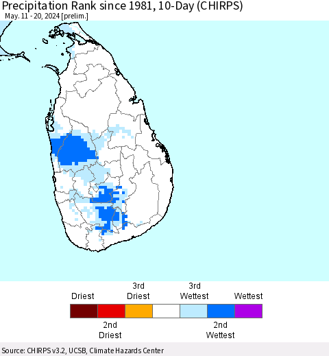 Sri Lanka Precipitation Rank since 1981, 10-Day (CHIRPS) Thematic Map For 5/11/2024 - 5/20/2024