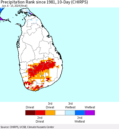 Sri Lanka Precipitation Rank since 1981, 10-Day (CHIRPS) Thematic Map For 6/6/2024 - 6/15/2024