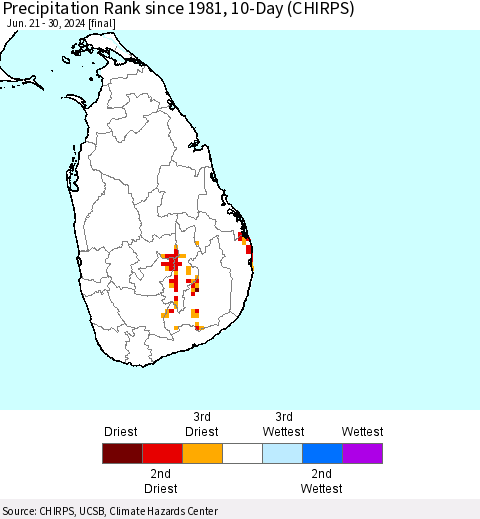 Sri Lanka Precipitation Rank since 1981, 10-Day (CHIRPS) Thematic Map For 6/21/2024 - 6/30/2024