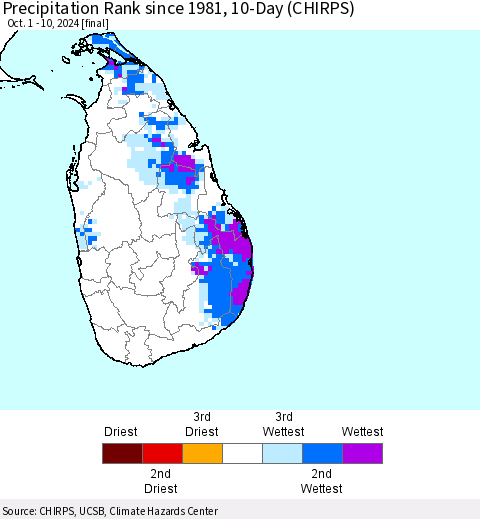 Sri Lanka Precipitation Rank since 1981, 10-Day (CHIRPS) Thematic Map For 10/1/2024 - 10/10/2024