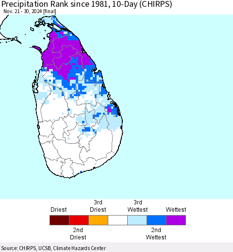 Sri Lanka Precipitation Rank since 1981, 10-Day (CHIRPS) Thematic Map For 11/21/2024 - 11/30/2024