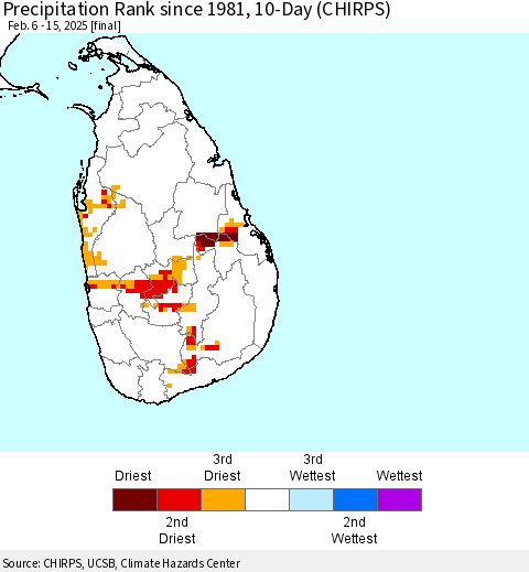 Sri Lanka Precipitation Rank since 1981, 10-Day (CHIRPS) Thematic Map For 2/6/2025 - 2/15/2025
