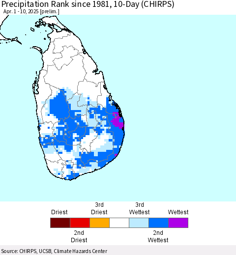 Sri Lanka Precipitation Rank since 1981, 10-Day (CHIRPS) Thematic Map For 4/1/2025 - 4/10/2025