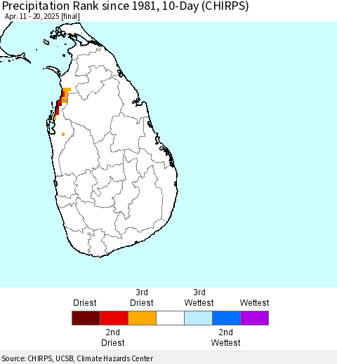 Sri Lanka Precipitation Rank since 1981, 10-Day (CHIRPS) Thematic Map For 4/11/2025 - 4/20/2025