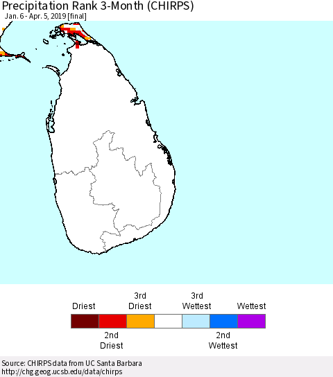 Sri Lanka Precipitation Rank since 1981, 3-Month (CHIRPS) Thematic Map For 1/6/2019 - 4/5/2019