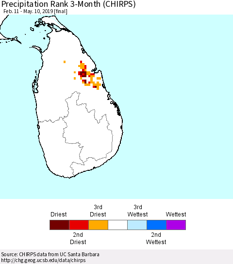 Sri Lanka Precipitation Rank since 1981, 3-Month (CHIRPS) Thematic Map For 2/11/2019 - 5/10/2019