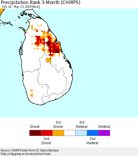 Sri Lanka Precipitation Rank since 1981, 3-Month (CHIRPS) Thematic Map For 2/16/2019 - 5/15/2019