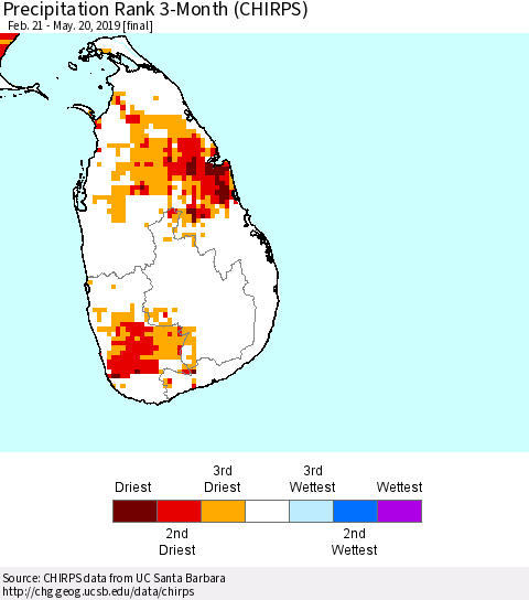 Sri Lanka Precipitation Rank since 1981, 3-Month (CHIRPS) Thematic Map For 2/21/2019 - 5/20/2019